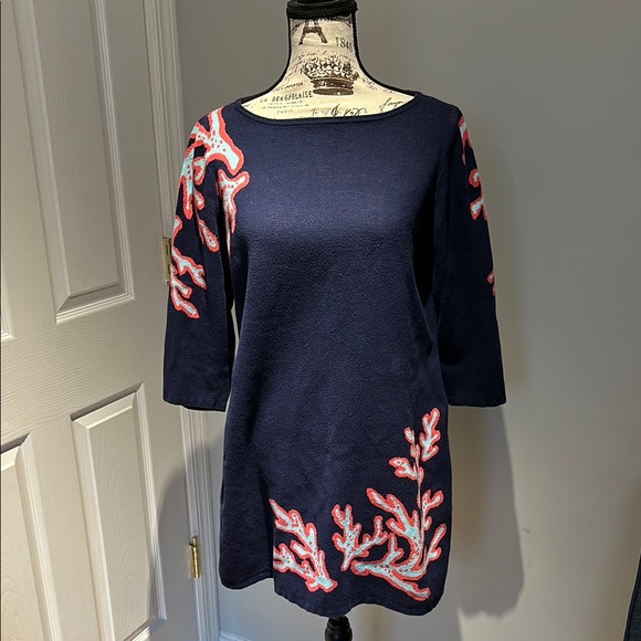 Lily Pulitzer Navy Blue Sweater Dress with Coral Accents—Cotton—Size XL - Picture 2 of 8